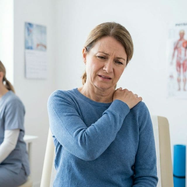 Woman holding her shoulder in pain, indicating a need for deep tissue massage therapy