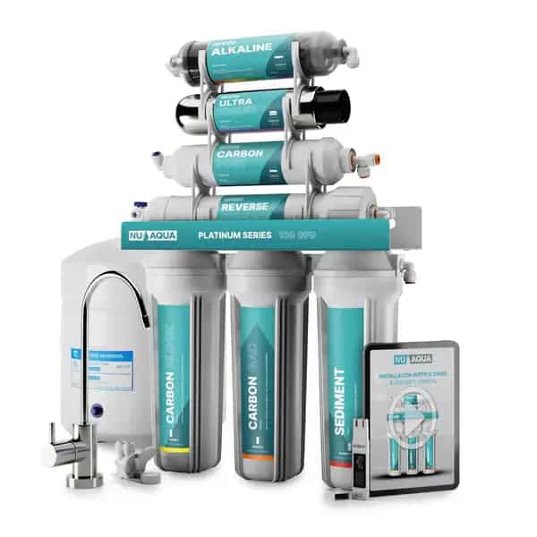 The Nu Aqua Platinum Series 7-stage reverse osmosis system with UV light filter.