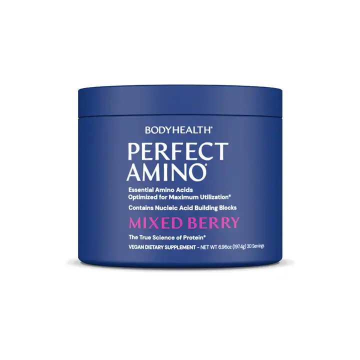 PerfectAmino Powder in a tub with a scoop