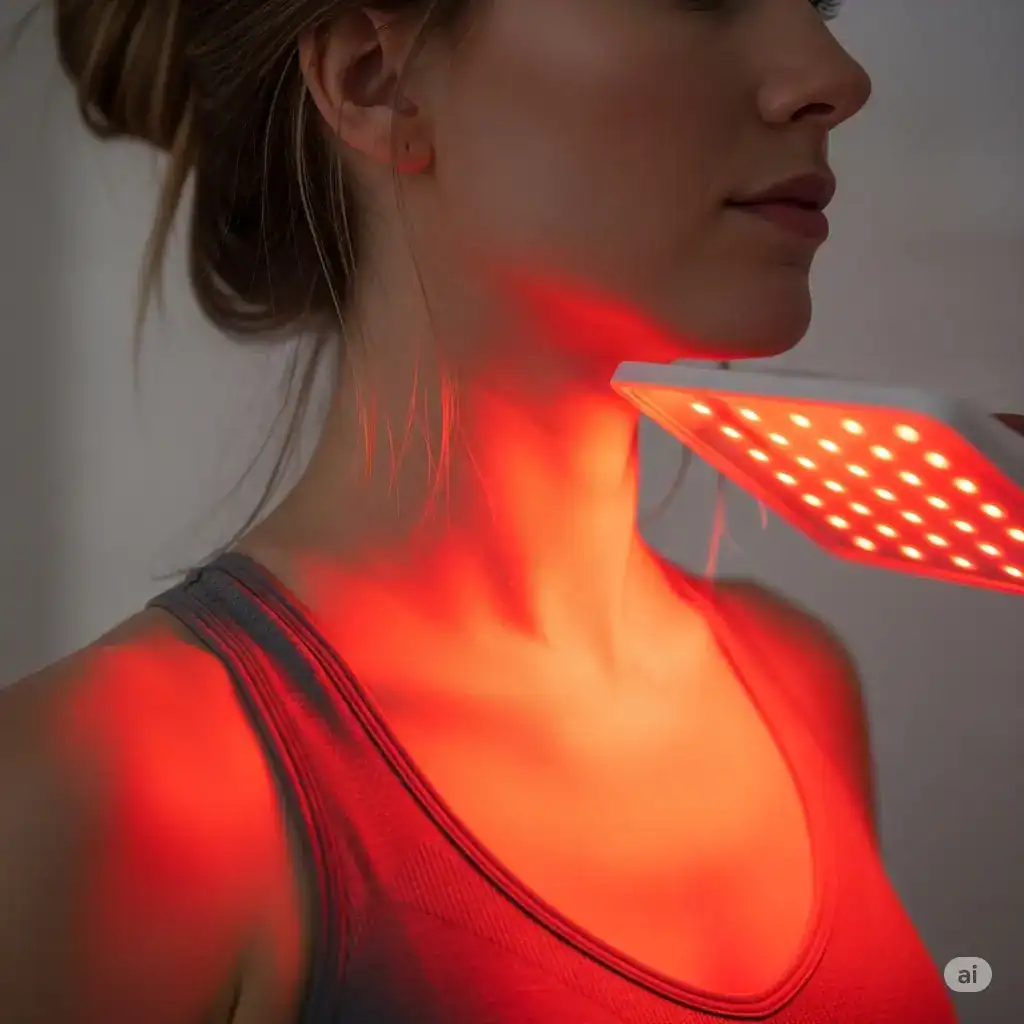 A woman using different red light therapy devices, including a panel and a mask, to treat her thyroid.