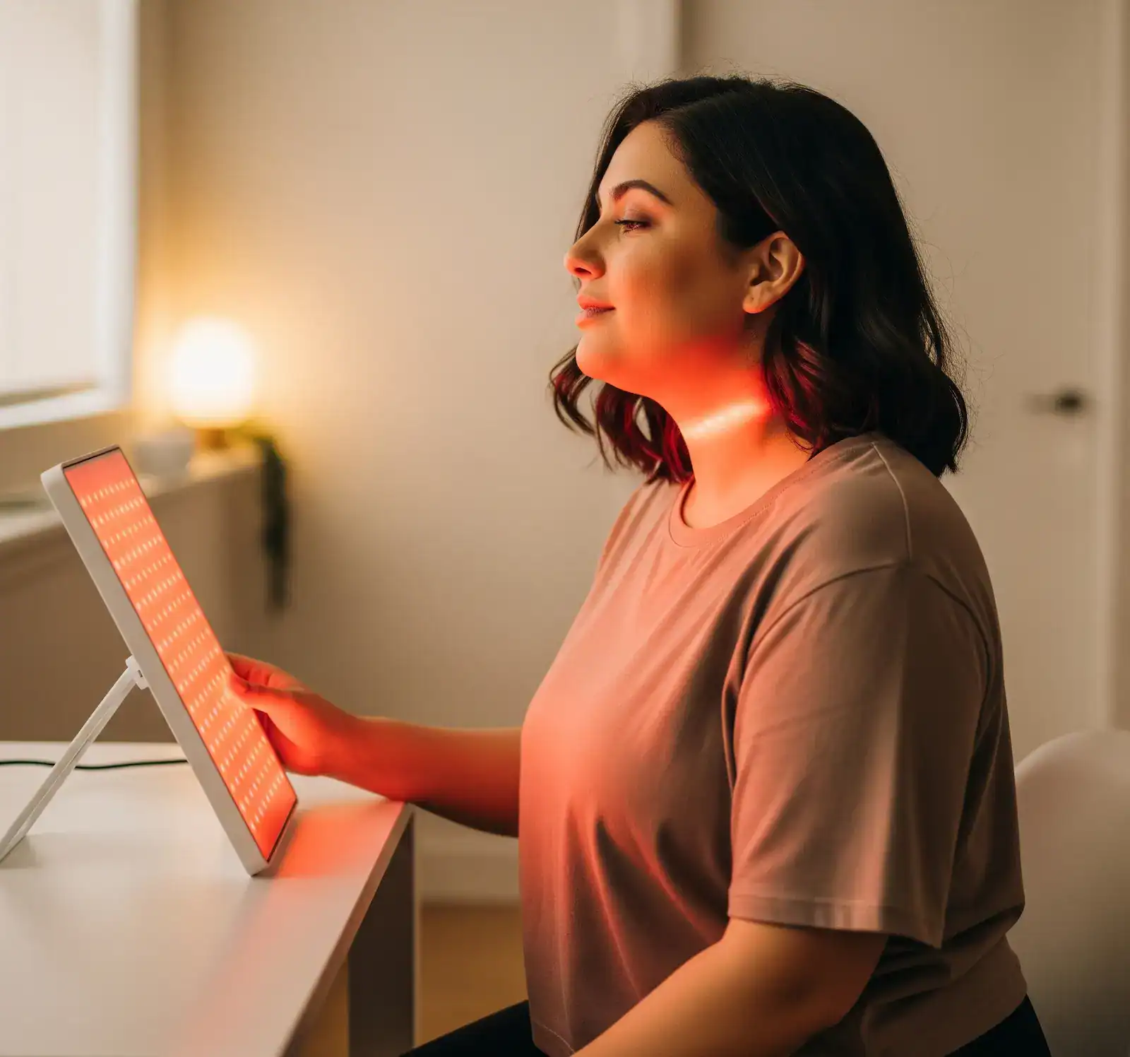A woman using a red light therapy device on her neck to support thyroid health and manage Hashimoto's thyroiditis.