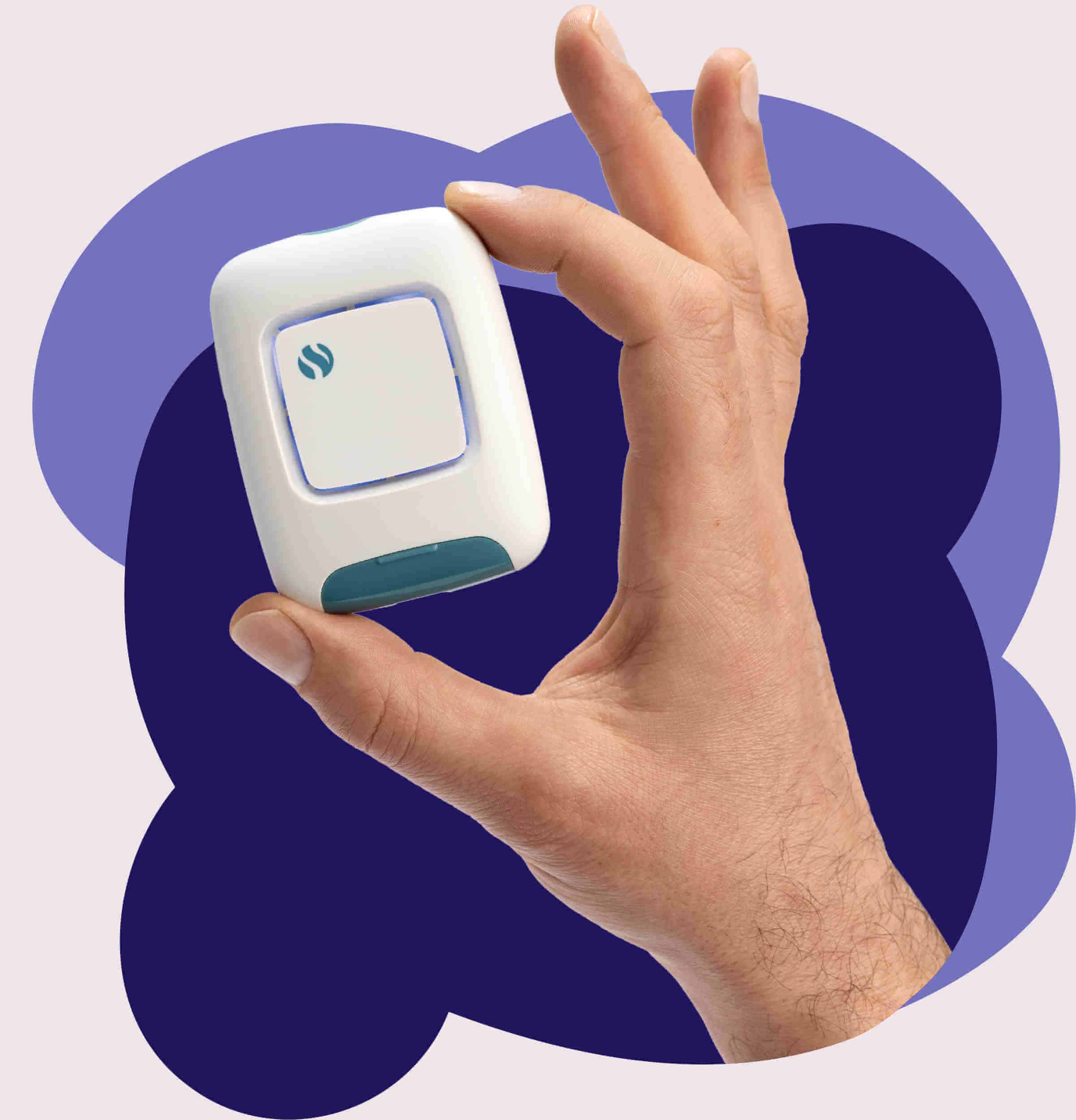A person holding the FoodMarble AIRE, a personal breath testing device used to check for SIBO and food intolerances.