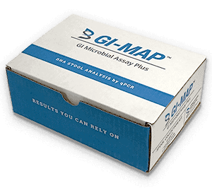A GI-MAP test kit box with collection tube, showing what's included in the best gut microbiome test for diagnostics in Canada.