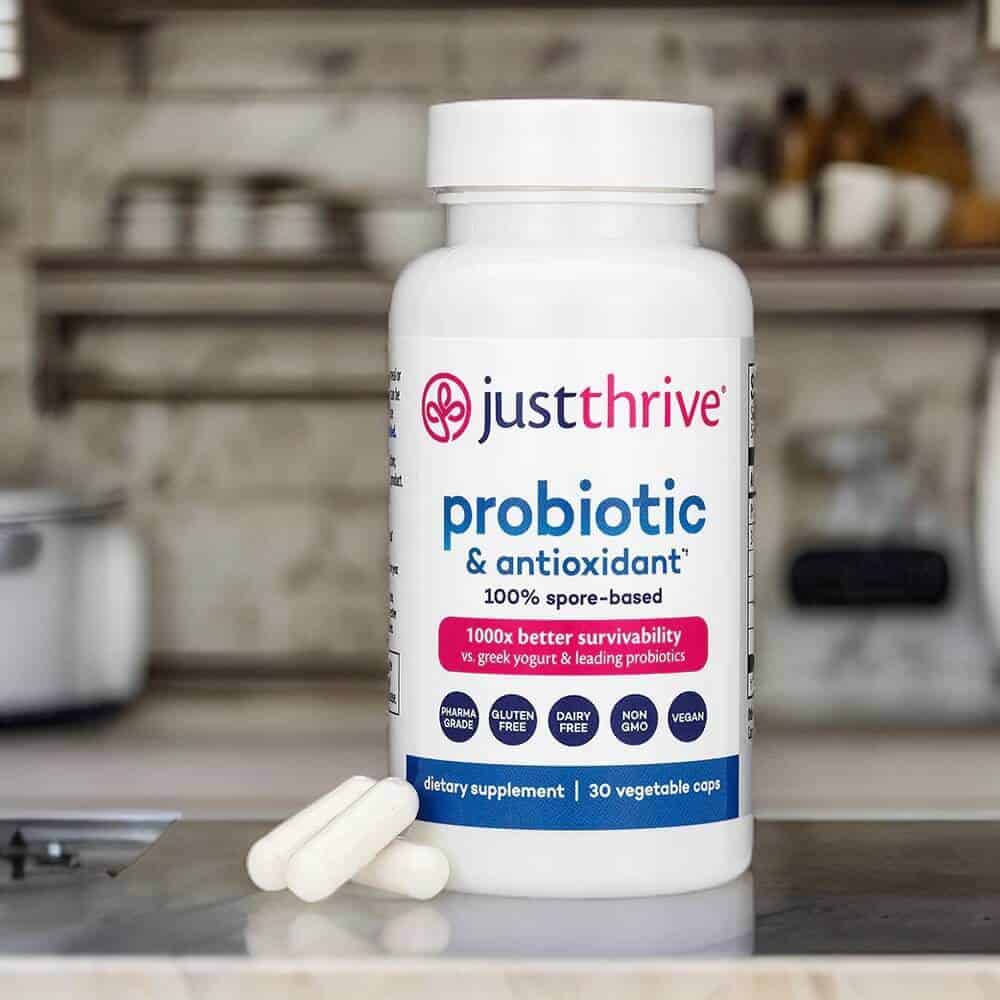 Bottle of Just Thrive Probiotic Supplement