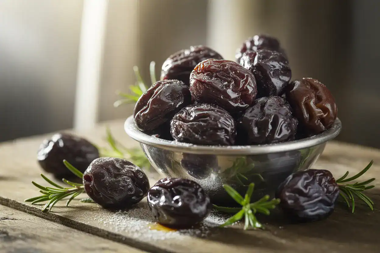 A close-up shot of dried prunes in a bowl, highlighting their texture.