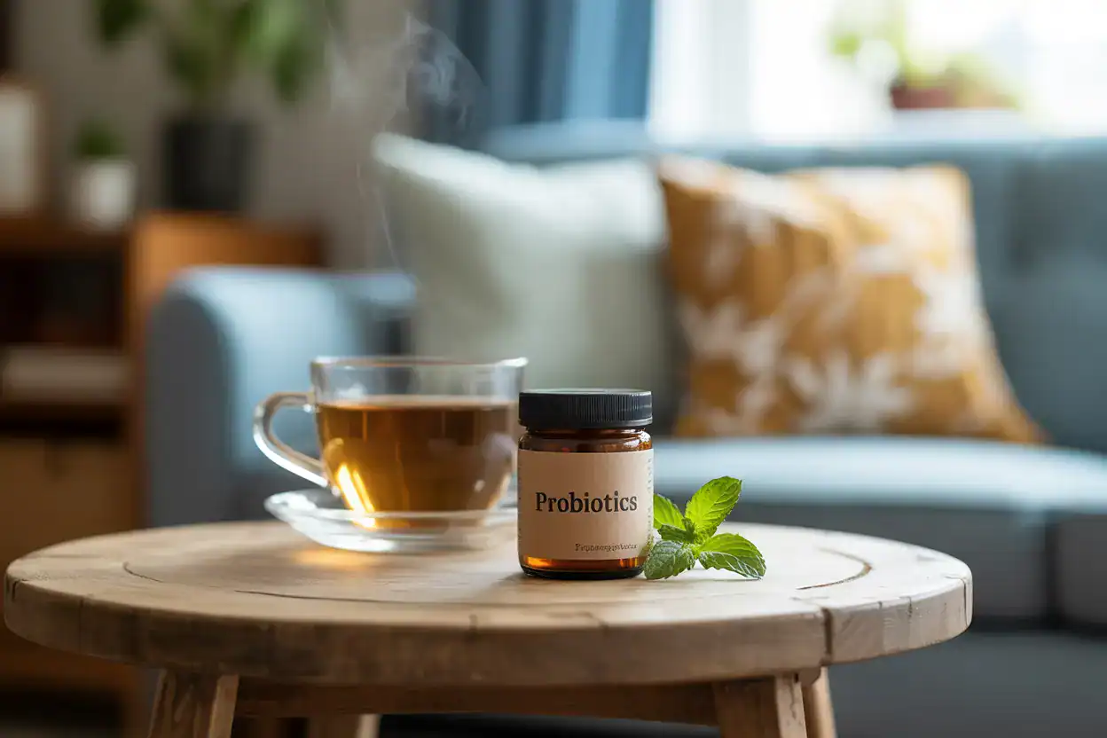 A conceptual image showing the connection between probiotics and IBS, with healthy bacteria balancing the gut.