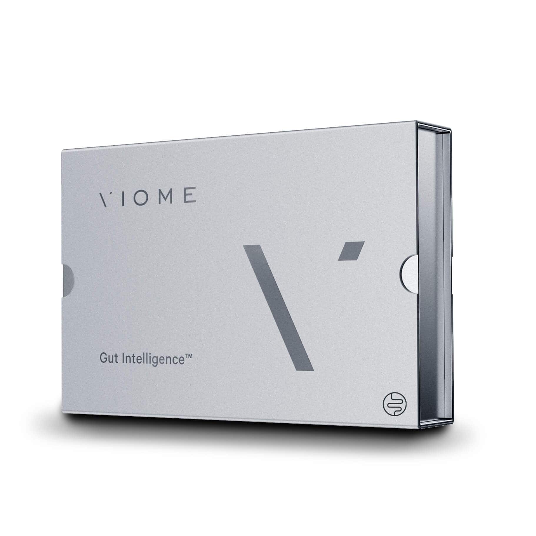 The Viome at-home gut health test kit, including the sample collection box and instructions for microbiome testing in Canada.