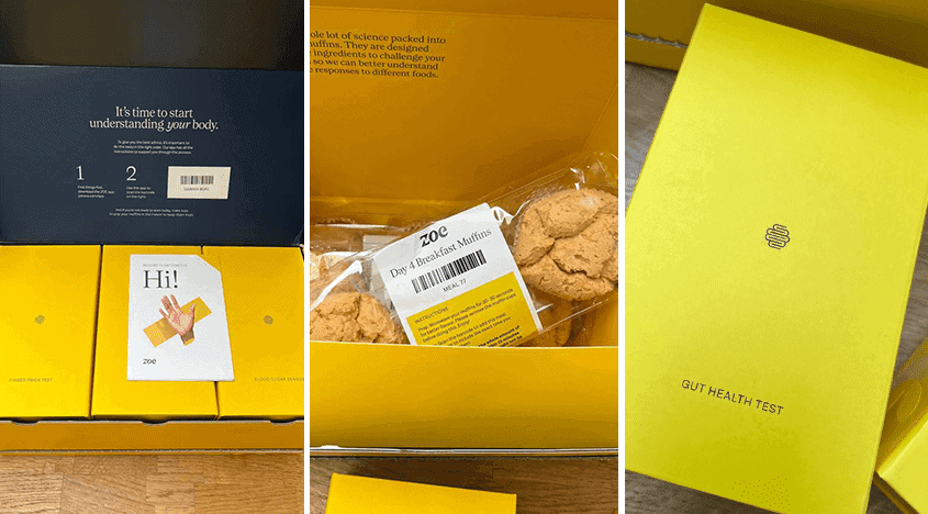 The complete Zoe health program kit, which includes a gut microbiome test and blood sugar sensor.