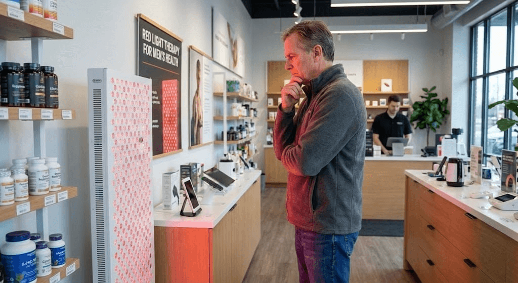 Man considering red light therapy panel for testosterone and hormonal health - best red light therapy for testosterone