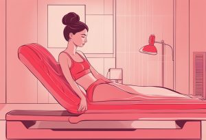A woman sits under red light therapy for cellulite treatment