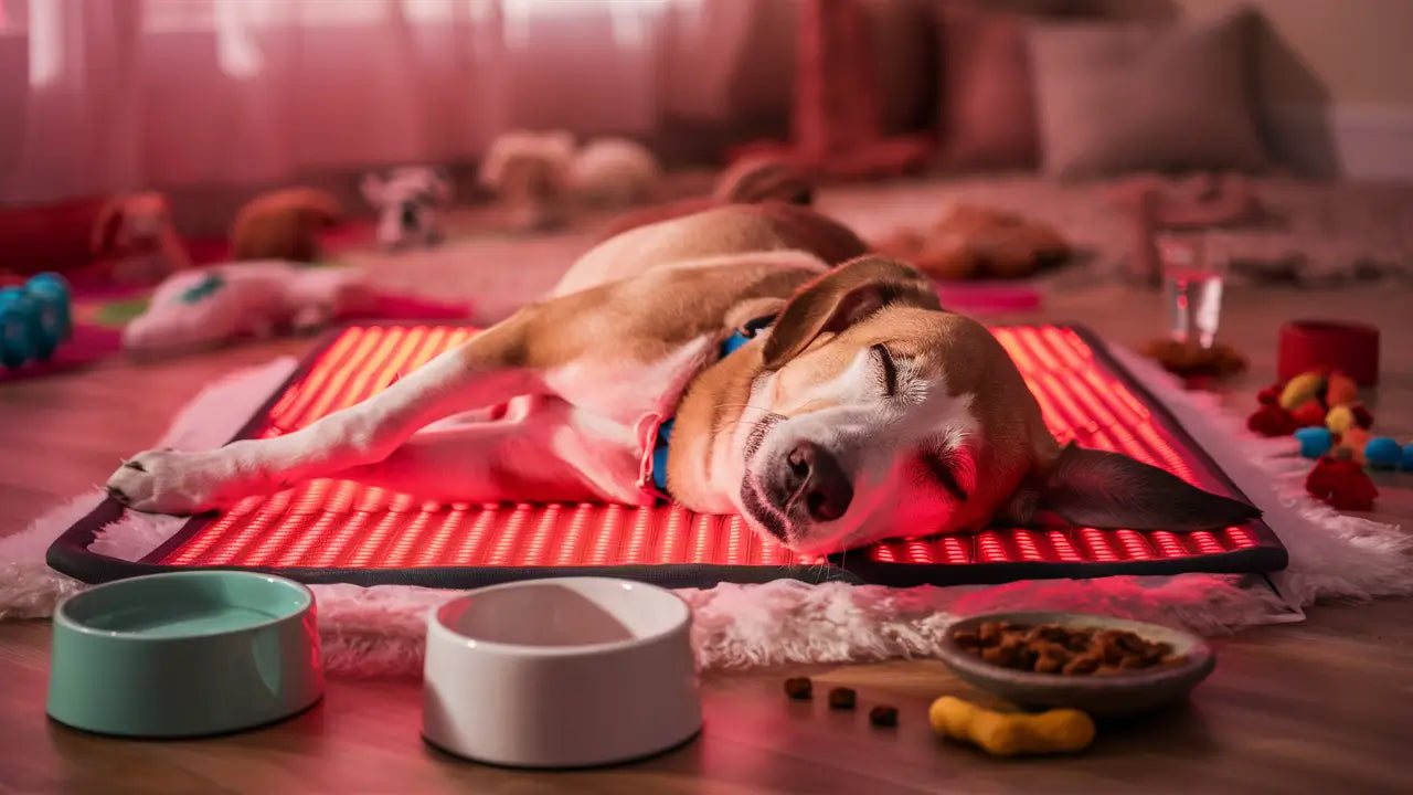 Before and after images of a dog treated with red light therapy.