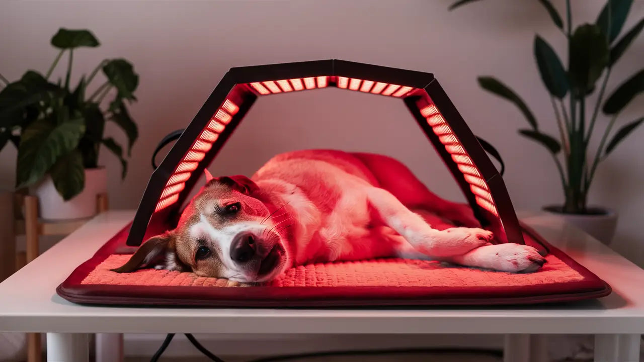 Close-up of a red light therapy device being used on a dog's leg.