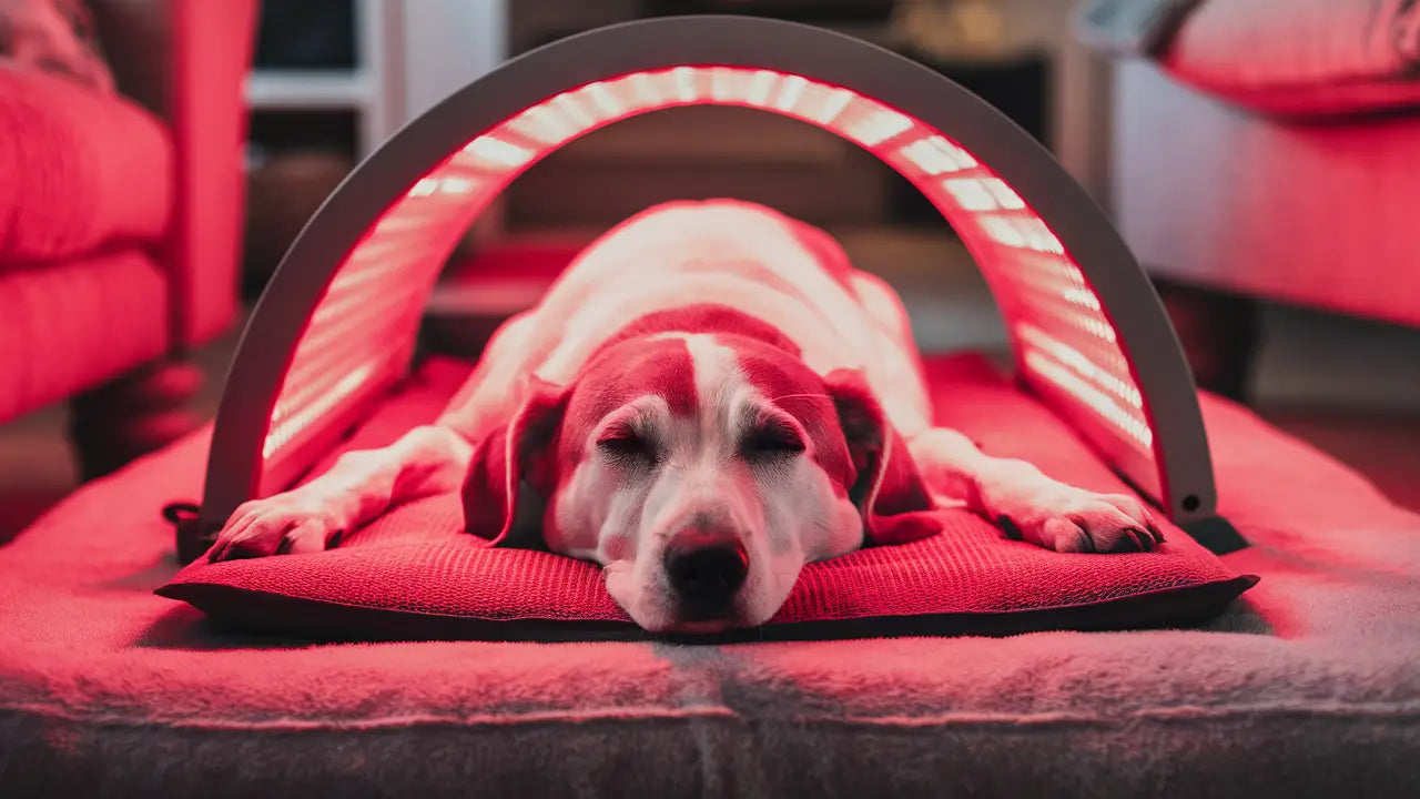 Dog enjoying a relaxing red light therapy treatment at home.