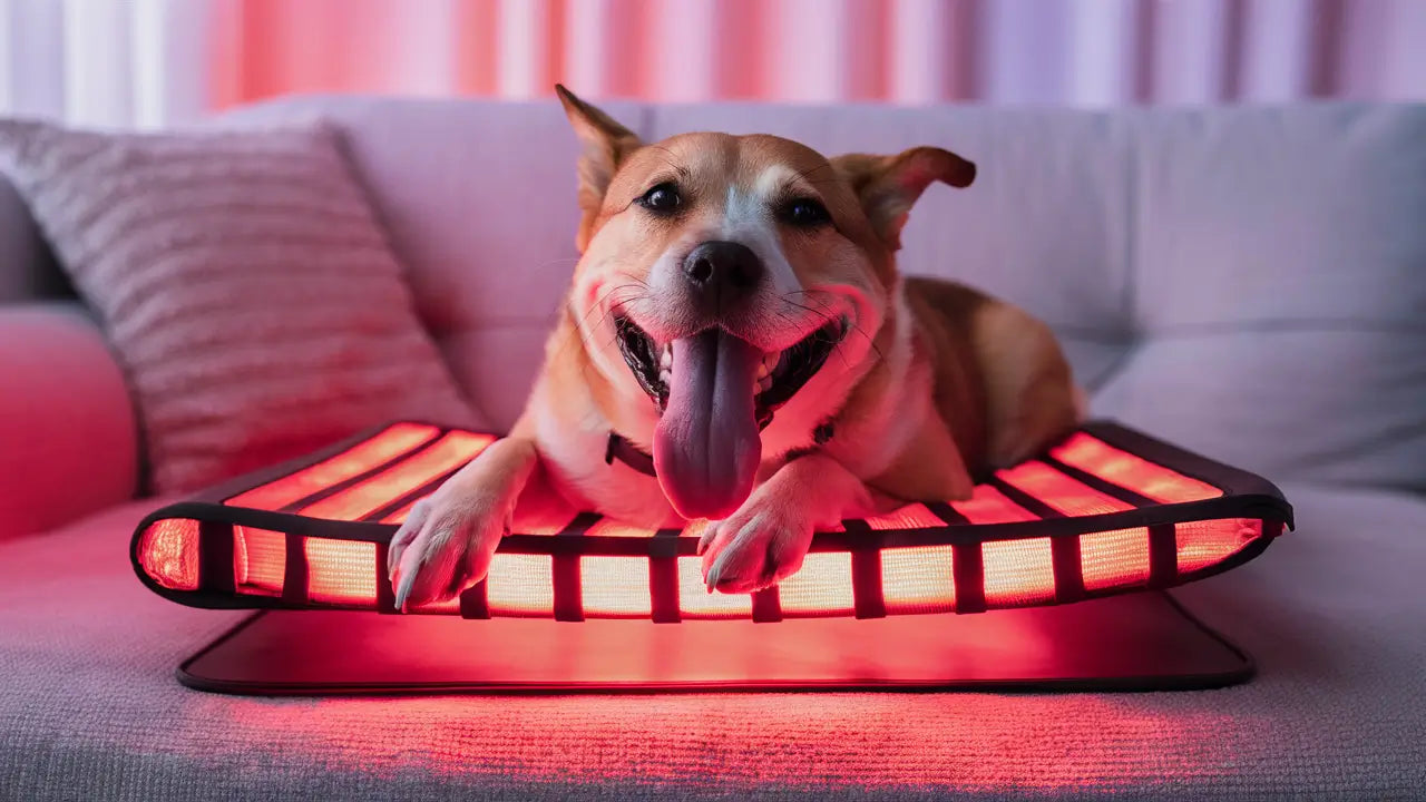 Dog receiving a relaxing red light therapy session on a comfortable bed