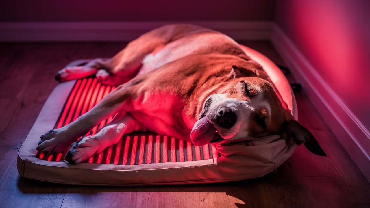 Dog undergoing red light laser therapy at a veterinary clinic.