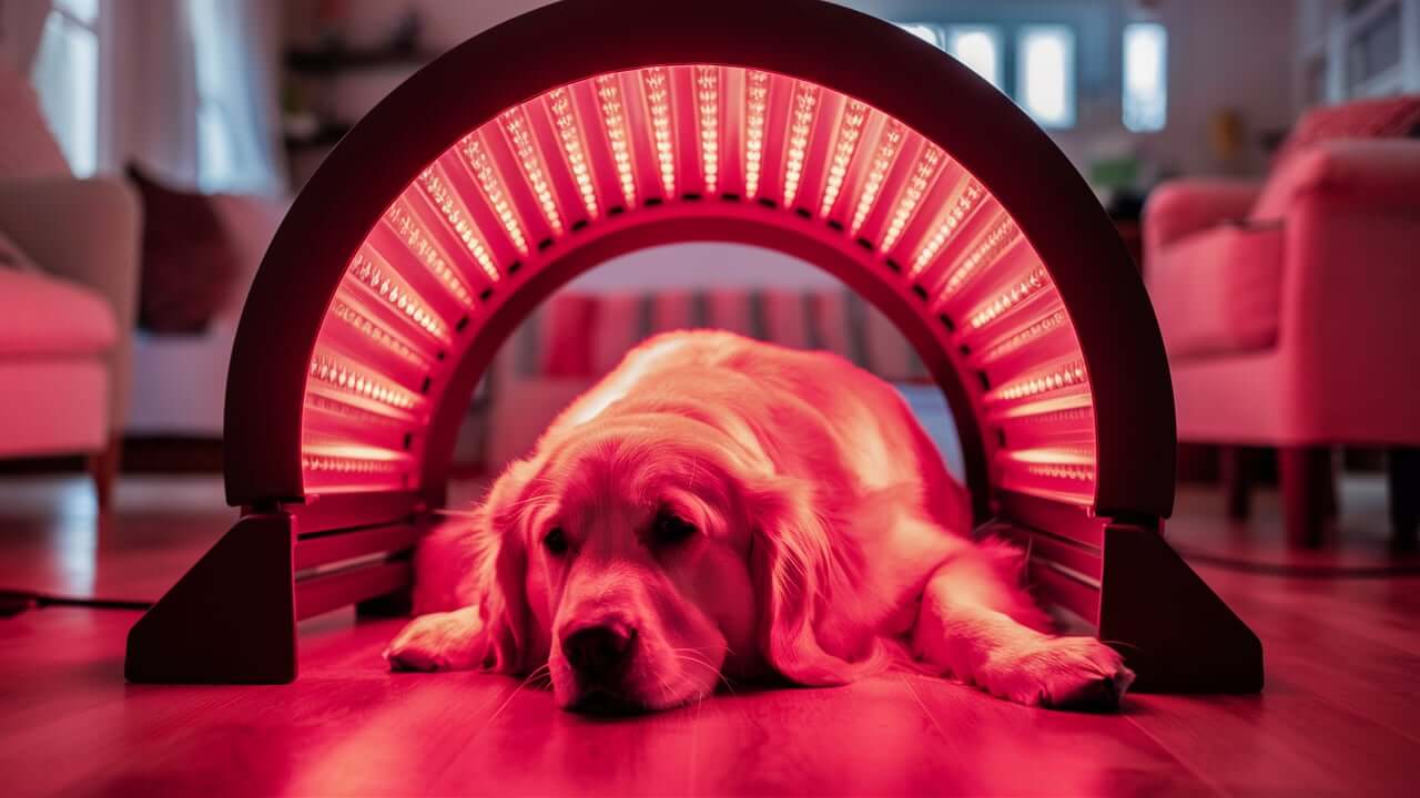 Owner using red light therapy device at home on their dog.