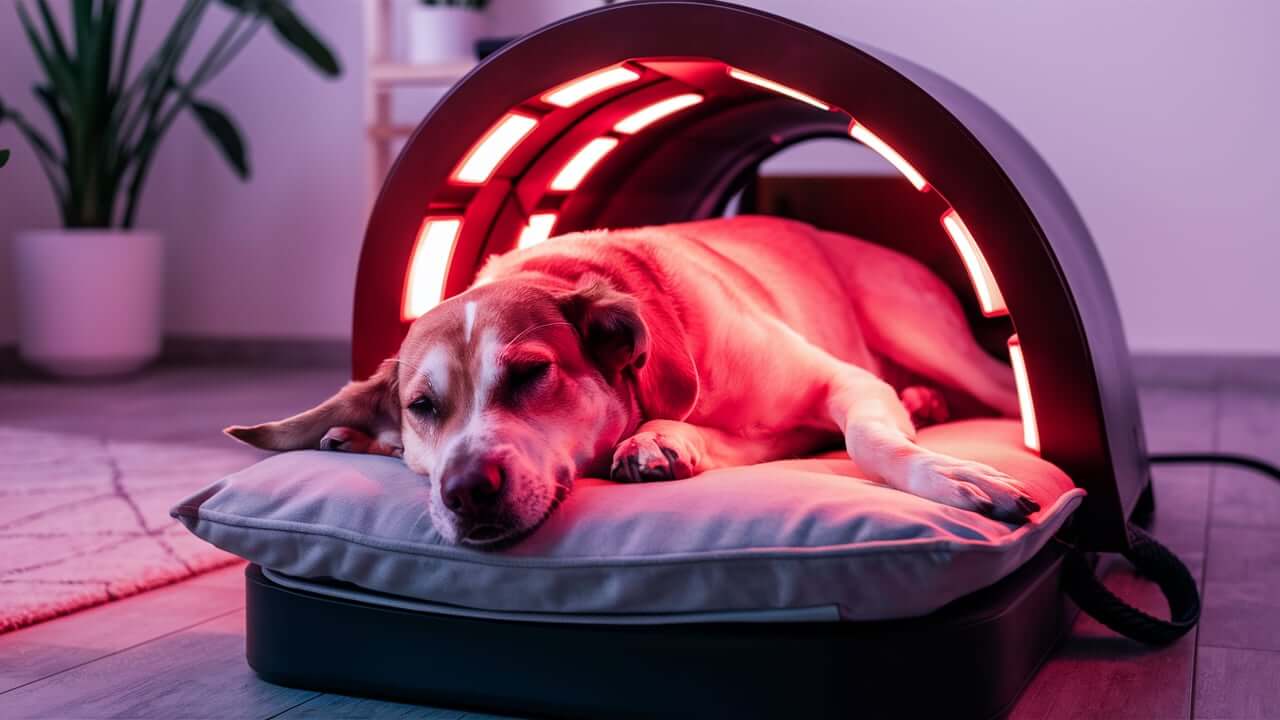 Pet owner using red light therapy on their dog’s back to relieve pain
