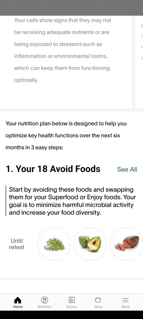 Screenshot of Viome test results showing recommended foods.