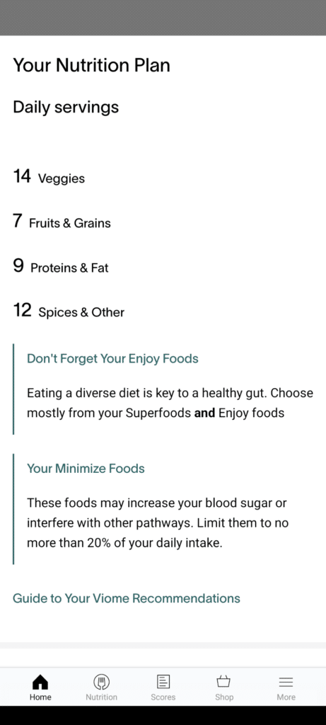Screenshot of Viome gut microbiome test results analysis.