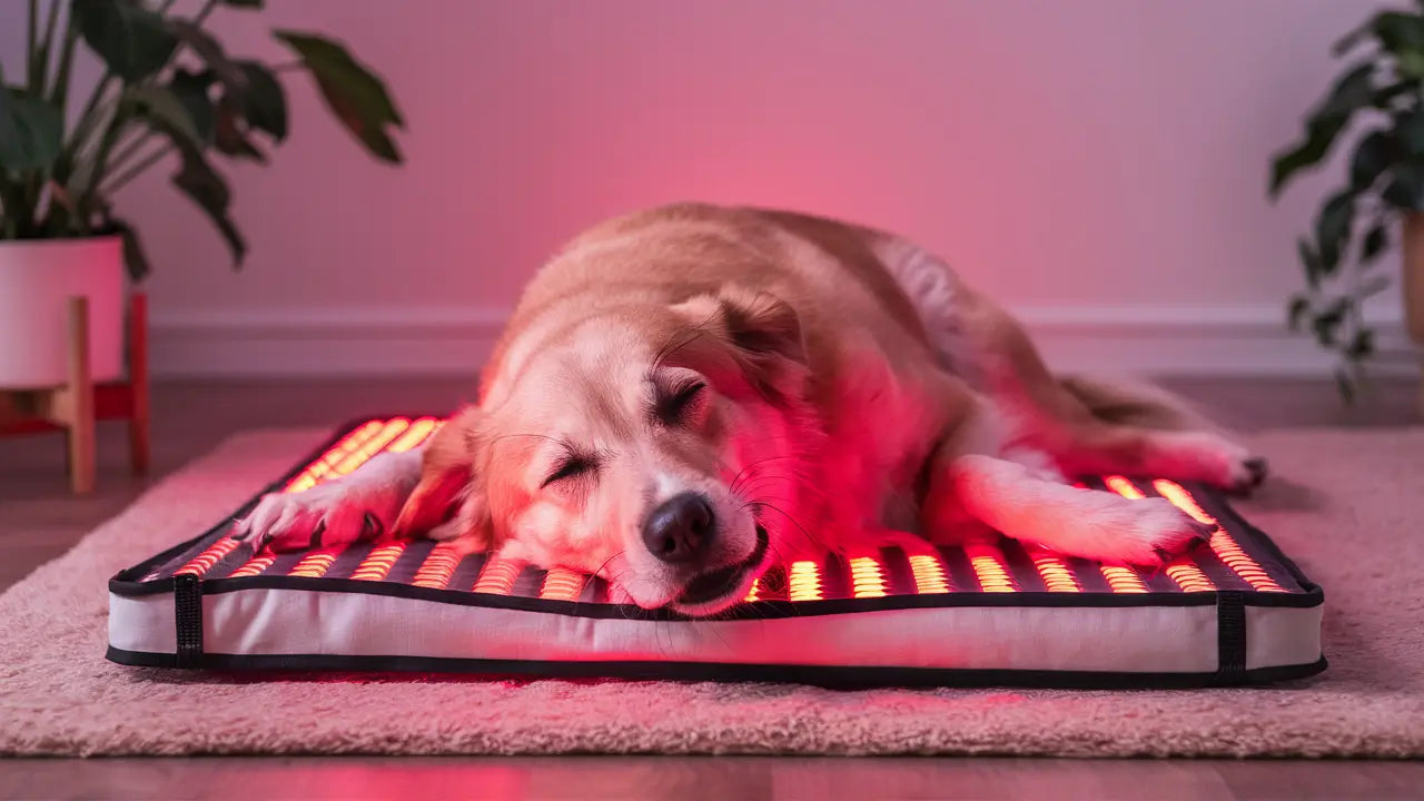 Senior dog receiving red light therapy to ease arthritis symptoms.