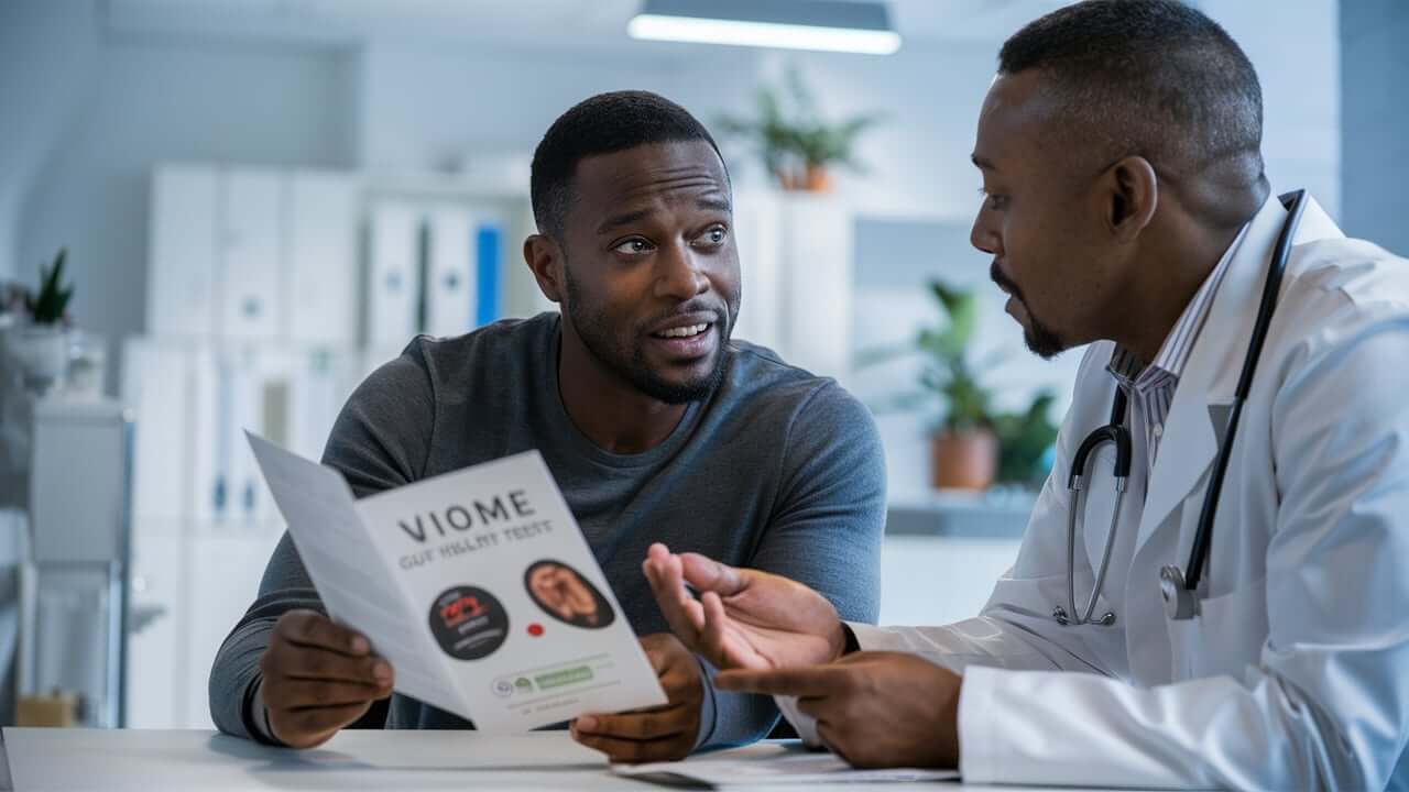 A doctor showing a client multiple positive reviews of Viome's services.