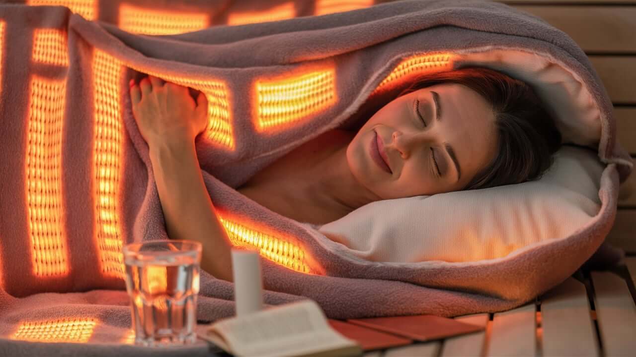 A tall woman using a sauna blanket that fits her