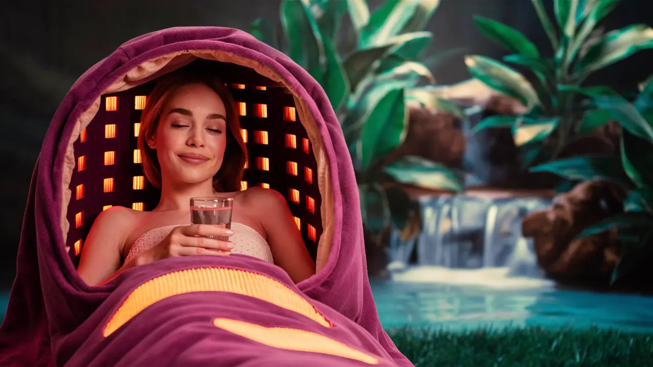 A woman comfortably using a sauna blanket she bought in Canada