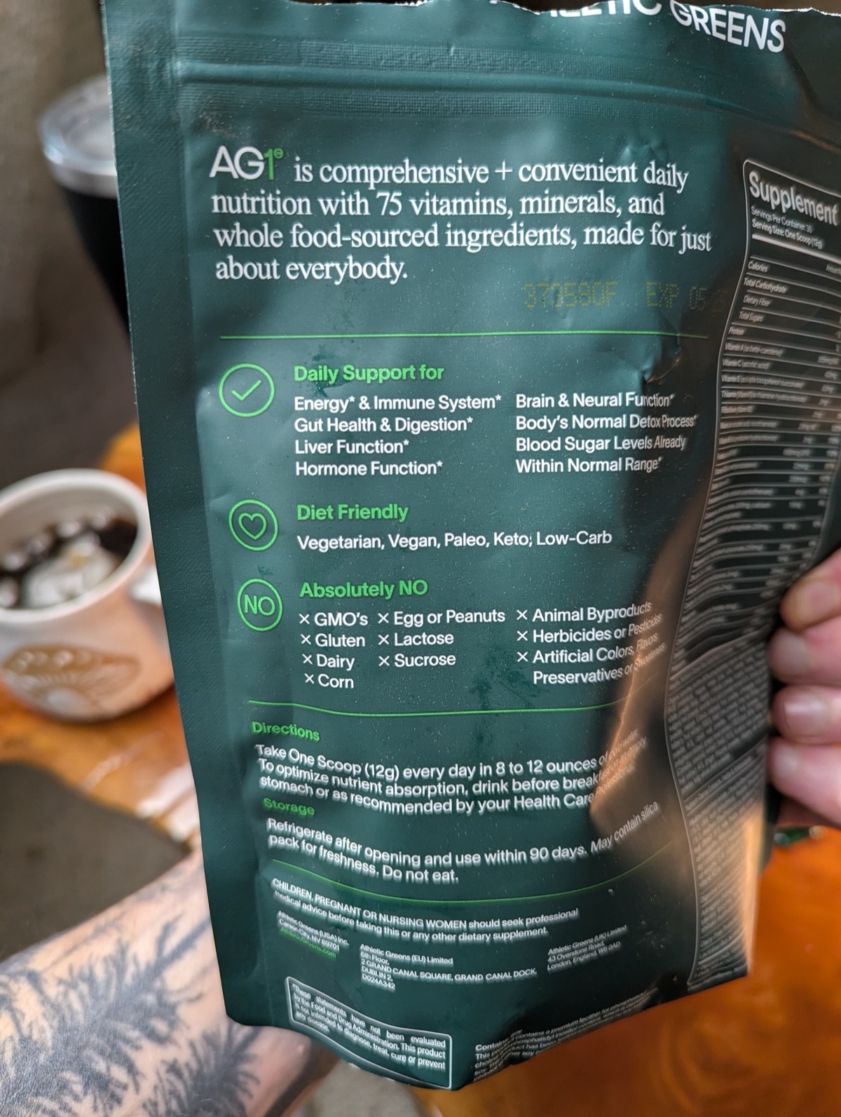 ag1 label on the back with the ingredients