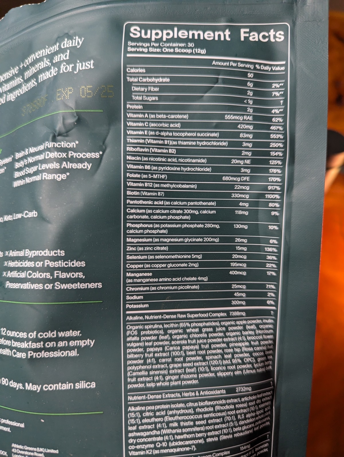 athletic greens ag1 ingredient list on the back