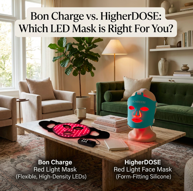 Bon Charge vs HigherDOSE face mask comparison for red light therapy.