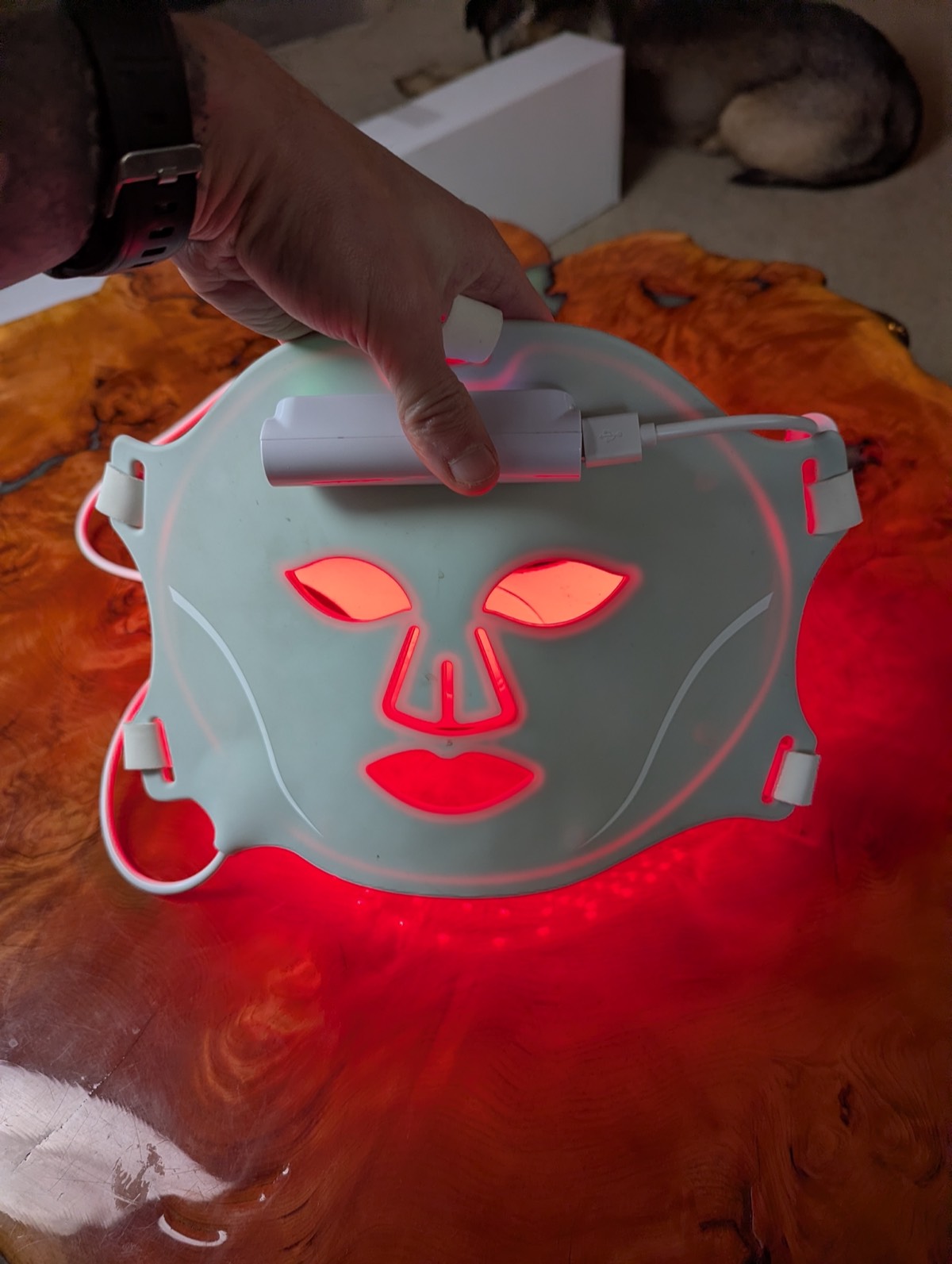 front of a red light therapy mask