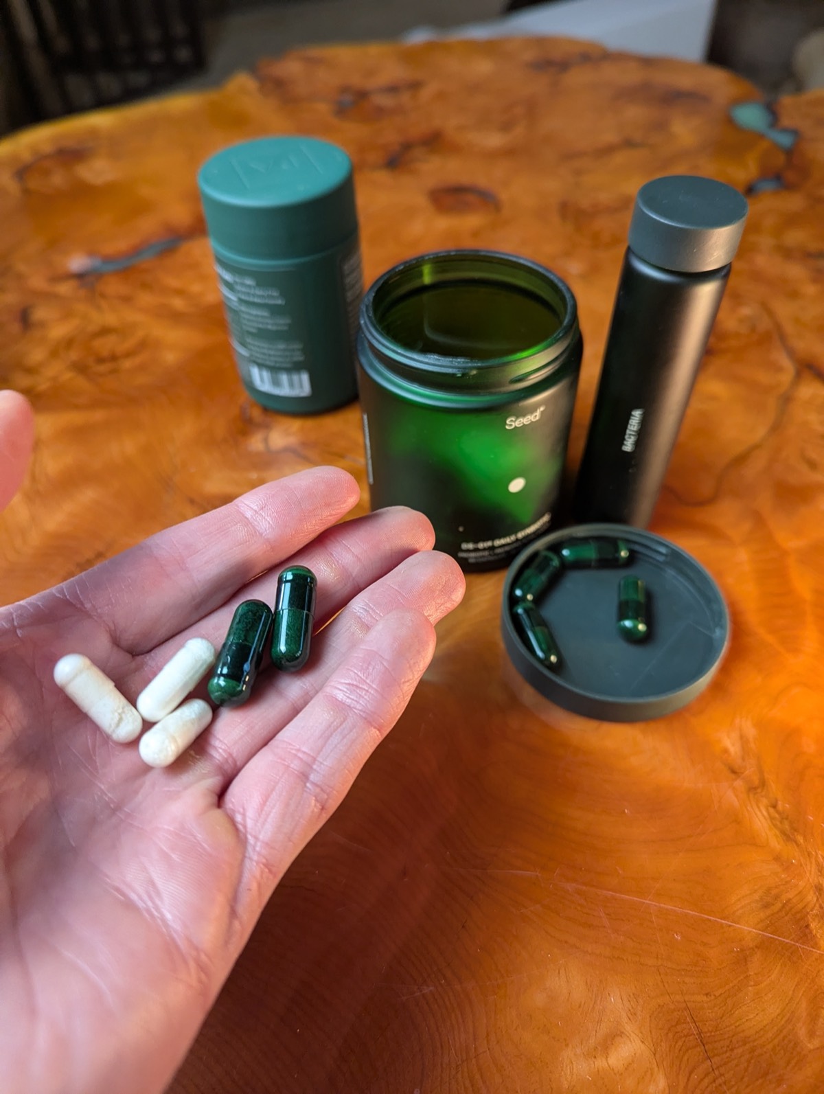 holding probiotic capsules with seed ds 01 in the background