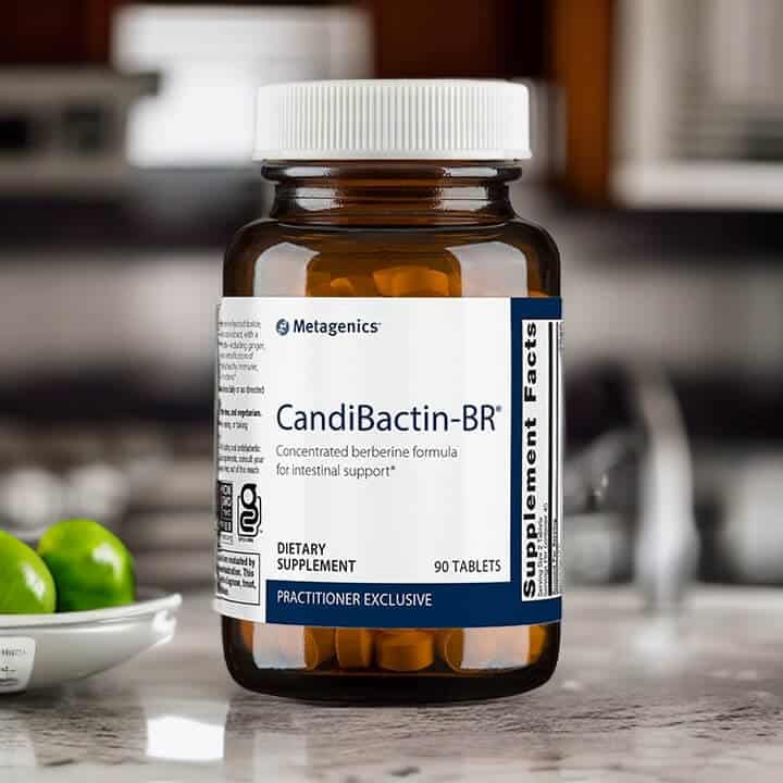 The Candibactin BR supplement bottle, often used with Candibactin AR for SIBO.