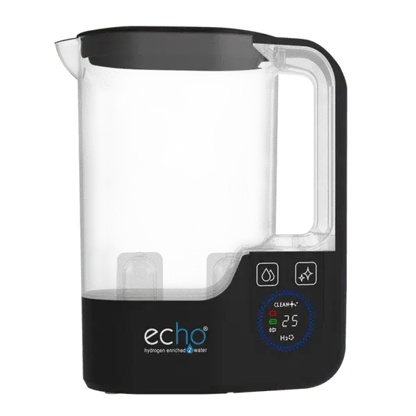 The Echo Hydrogen Water Pitcher on a kitchen counter.