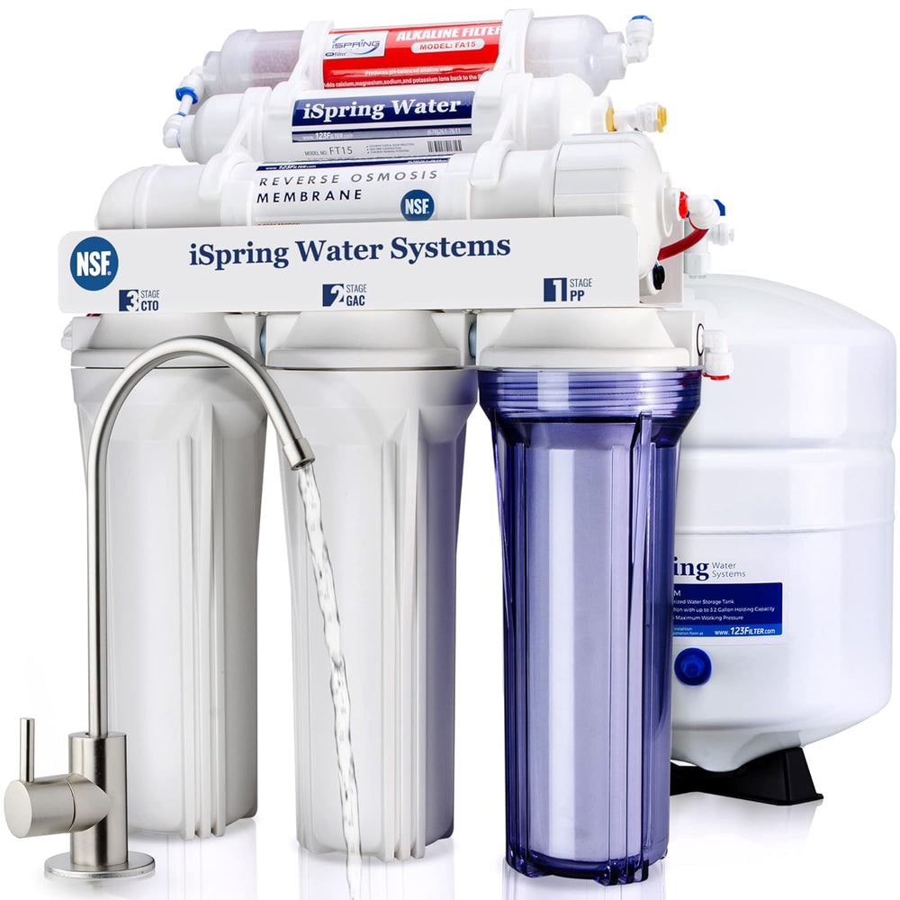 The iSpring RCC7AK 6-stage reverse osmosis system with its water tank and filter cartridges.