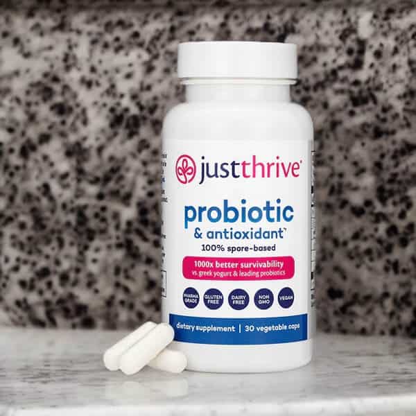 Just Thrive Probiotic bottle, one of the top supplements for leaky gut syndrome.