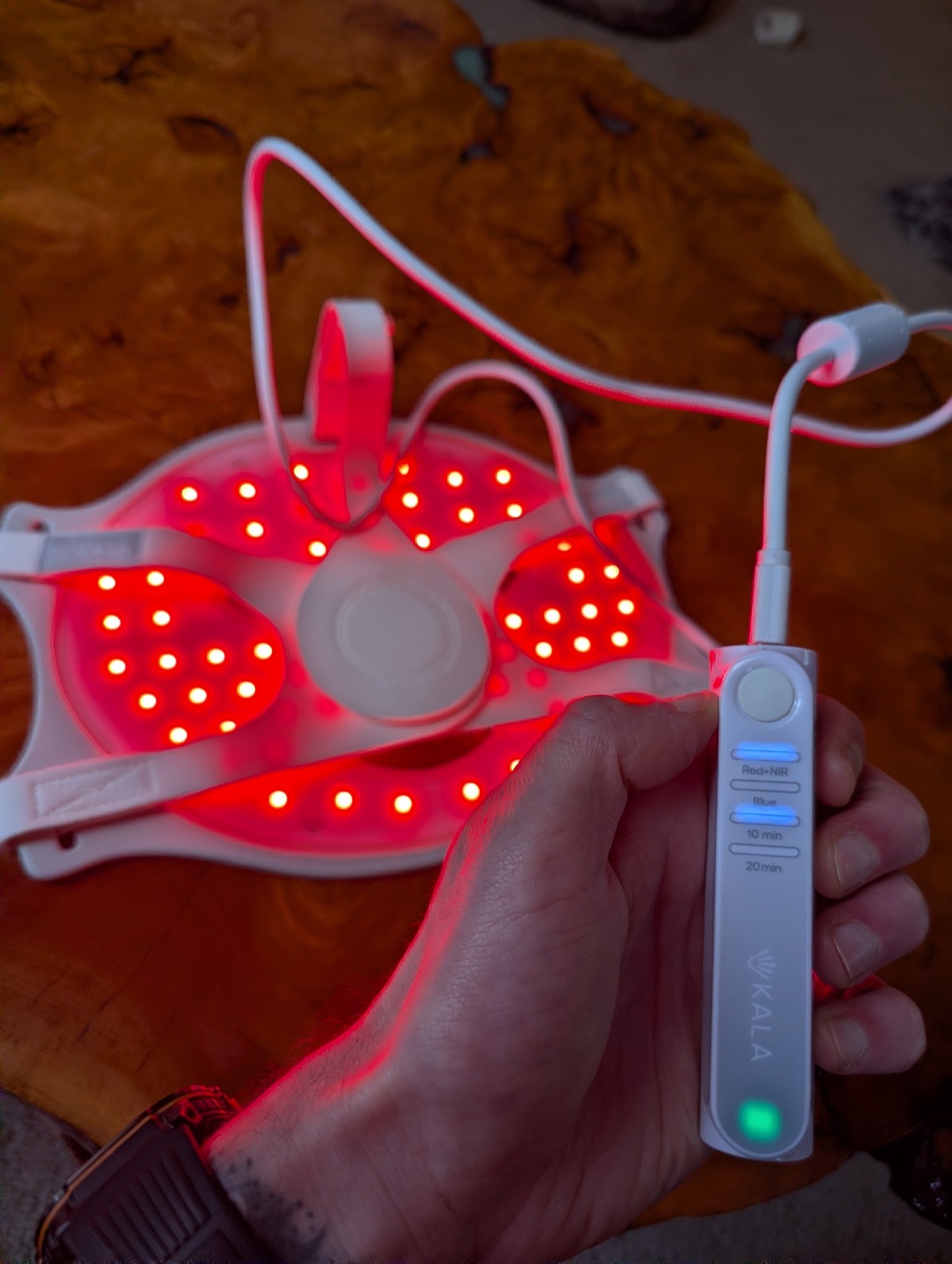kala red light therapy mask on