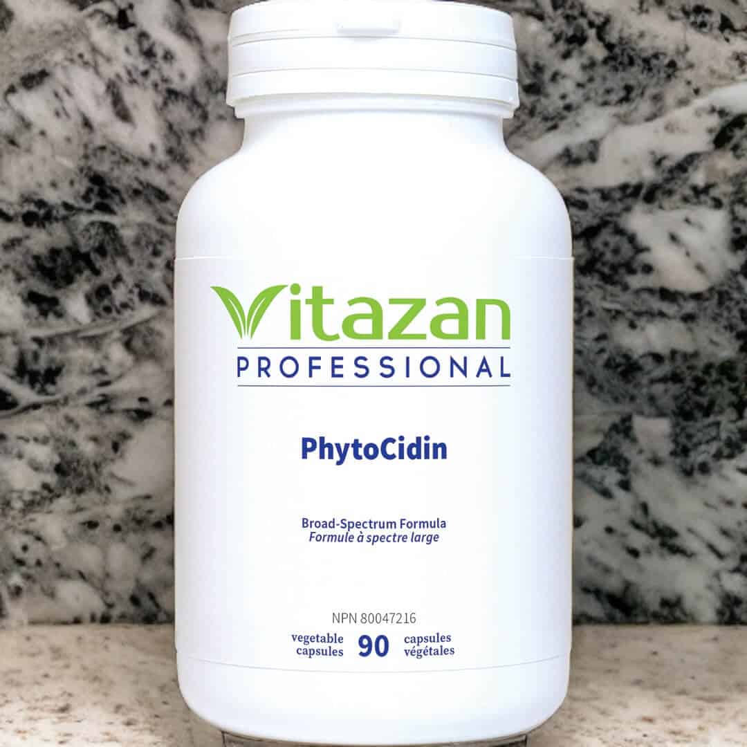 The PhytoCidin supplement bottle, an herbal antimicrobial for SIBO.