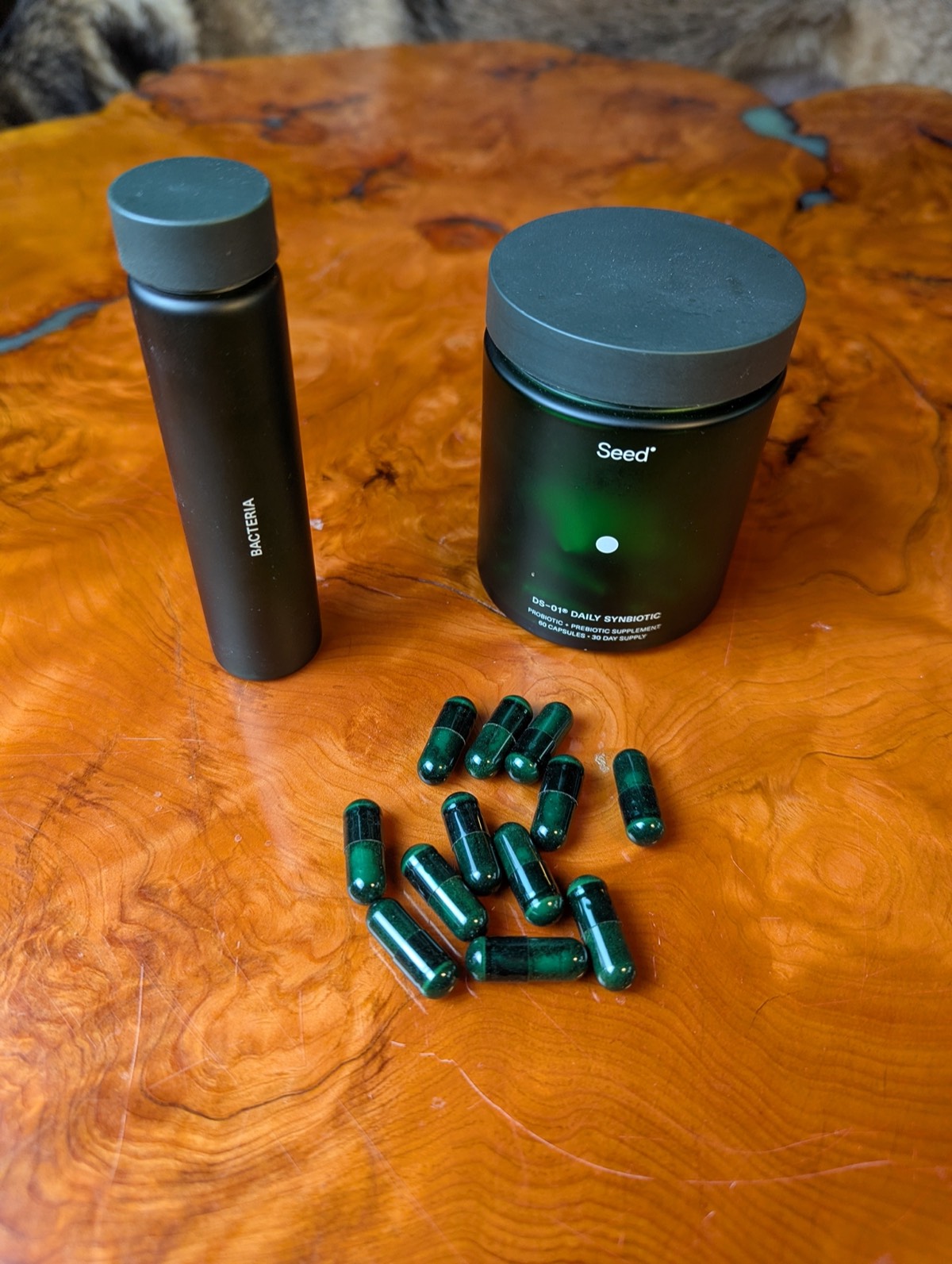 seed probiotic canada with capsules open on a coffee table by daryl with the jars