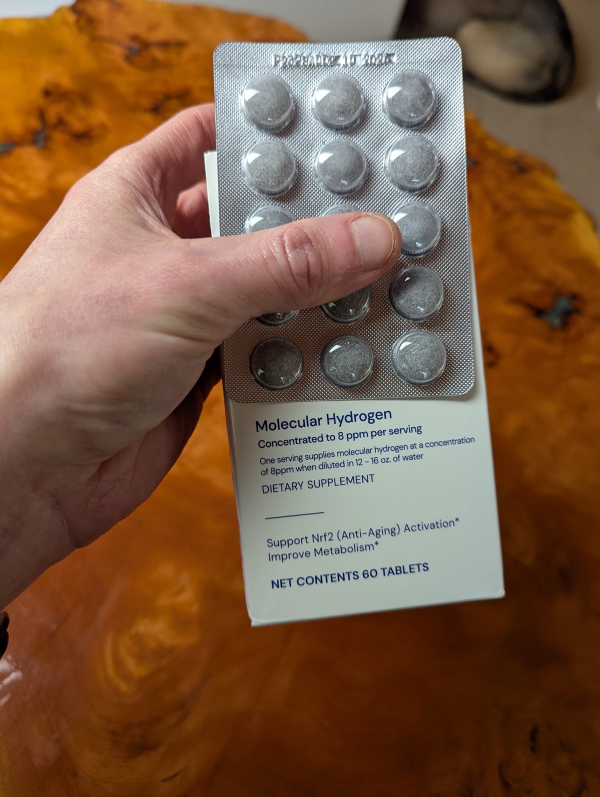 showing off the hydrogen tablets 