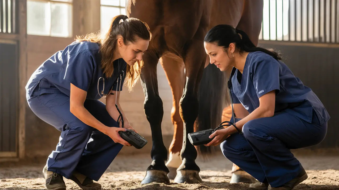 two veterinarians bend down to perform pemf equine therapy on a the hoof