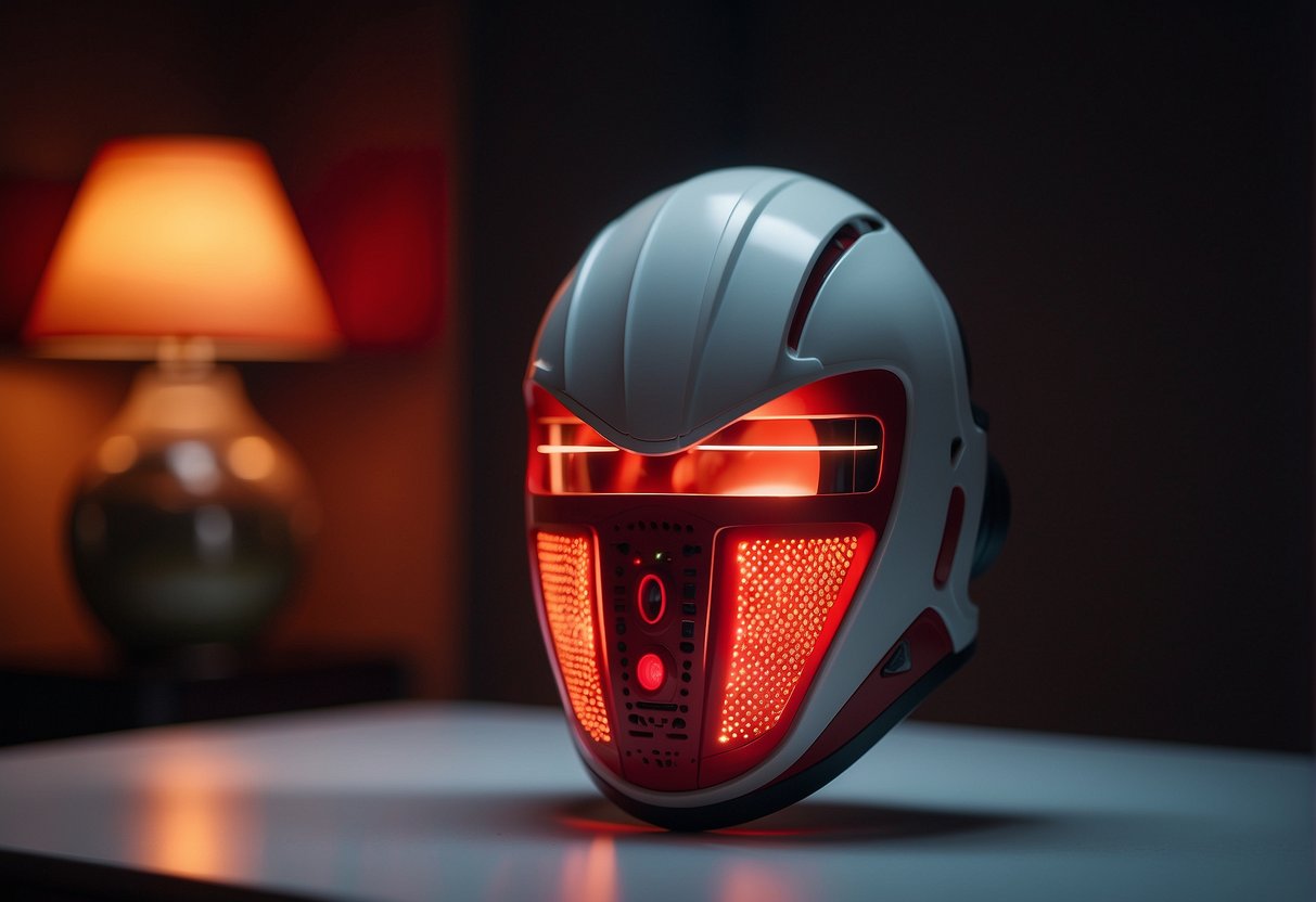 A woman relaxing while using a red light therapy face mask for an at-home skincare treatment.