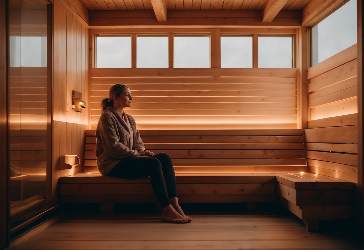 A person sitting in a Sunlighten sauna, surrounded by warm, soothing infrared light. The sauna's interior is cozy and inviting, with comfortable seating and soft, ambient lighting