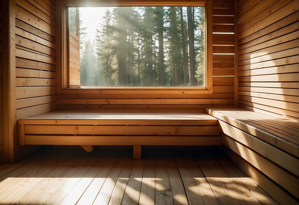 The sauna's sturdy construction and high-quality materials are highlighted by the warm glow of sunlight streaming through the window