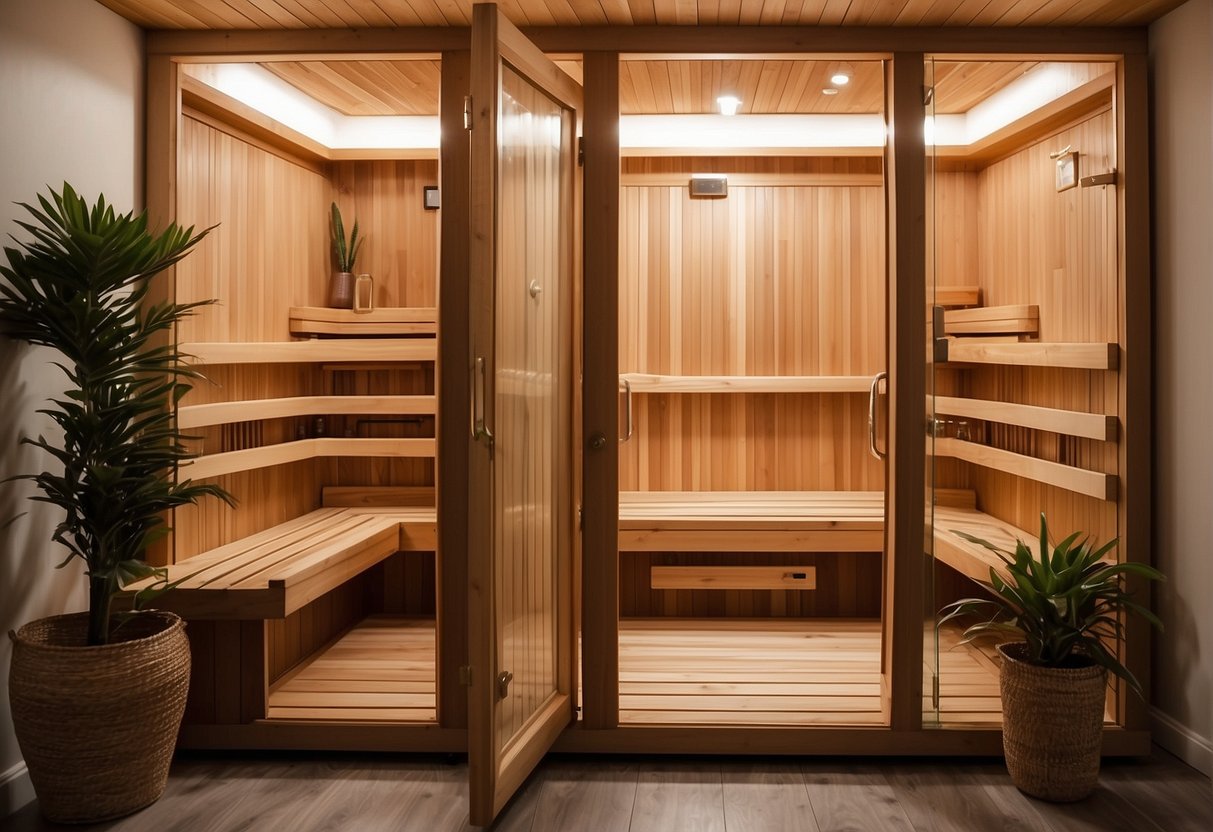 Sunlighten saunas glowing with positive reviews, surrounded by pricing information, exuding value and quality