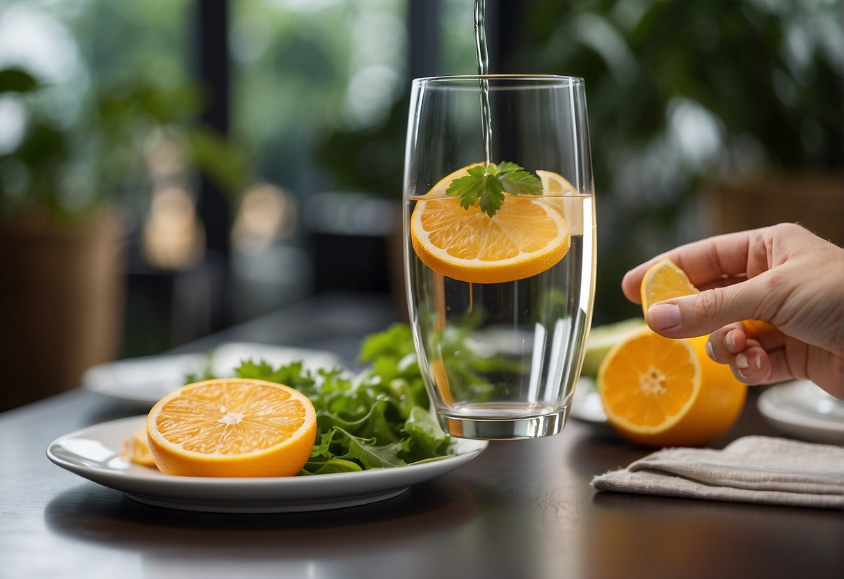 A glass of hydrogen-rich water sits on a table next to a plate of healthy food. A person's hand reaches for the glass, suggesting its role in managing metabolic syndrome