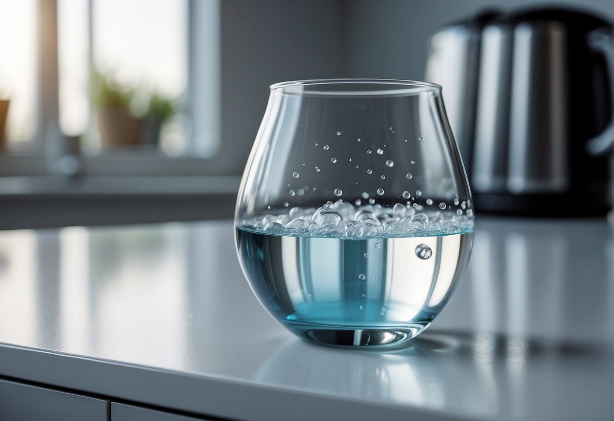 A kidney-shaped glass filled with bubbling hydrogen water sits on a clean, white countertop. A scientific journal with the title "Hydrogen Water Benefits" is open nearby