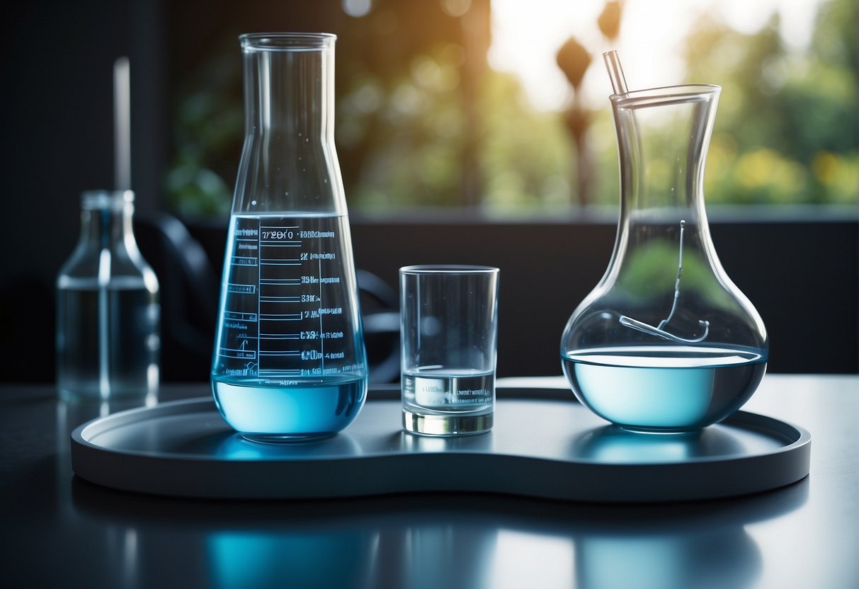A clear glass filled with hydrogen water sits on a sleek table, surrounded by kidney-shaped objects and scientific diagrams