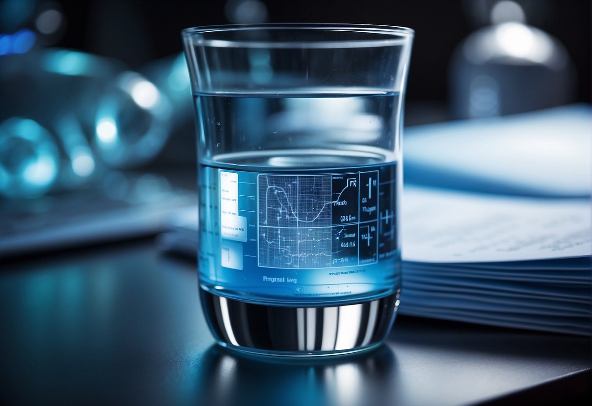 A clear glass of hydrogen water sits on a table, surrounded by scientific research papers and a kidney diagram. The glass is illuminated by a soft, blue light, creating a sense of curiosity and intrigue