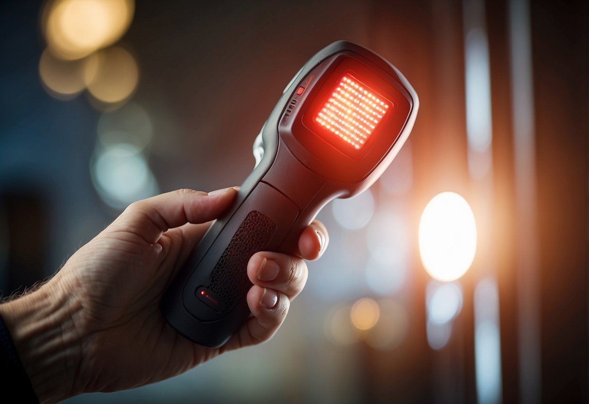 A hand-held red light device shines on a targeted area of inflamed tendons, providing relief and promoting healing for tendinitis